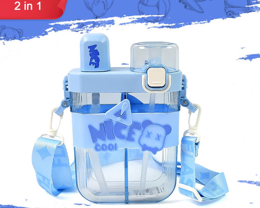 2in1 Dual Compartment Water Bottle With Straw And Adjustable Shoulder Straps (1 Pc  Multi Color)