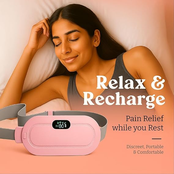 Period Cramp Massager Belt – Cordless Rechargeable Heating Pad with 3 Heat Levels & 4 Massage Modes | Portable Period Pain Relief Massager for Cramps, Back & Belly | Adjustable Belt for Women & Girls
