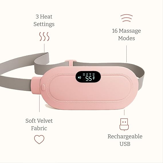 Period Cramp Massager Belt – Cordless Rechargeable Heating Pad with 3 Heat Levels & 4 Massage Modes | Portable Period Pain Relief Massager for Cramps, Back & Belly | Adjustable Belt for Women & Girls